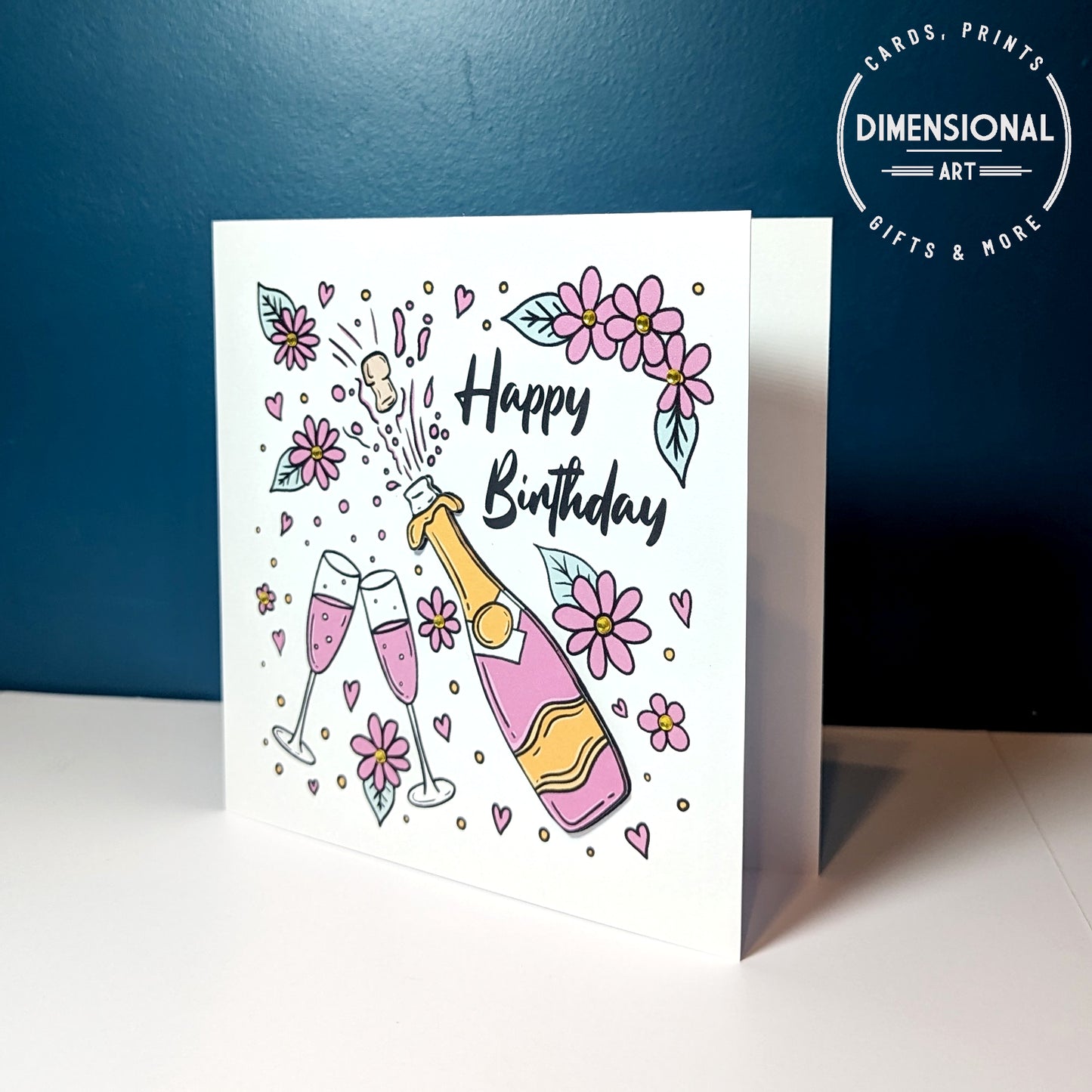 Pink Champagne and Flowers Birthday Card