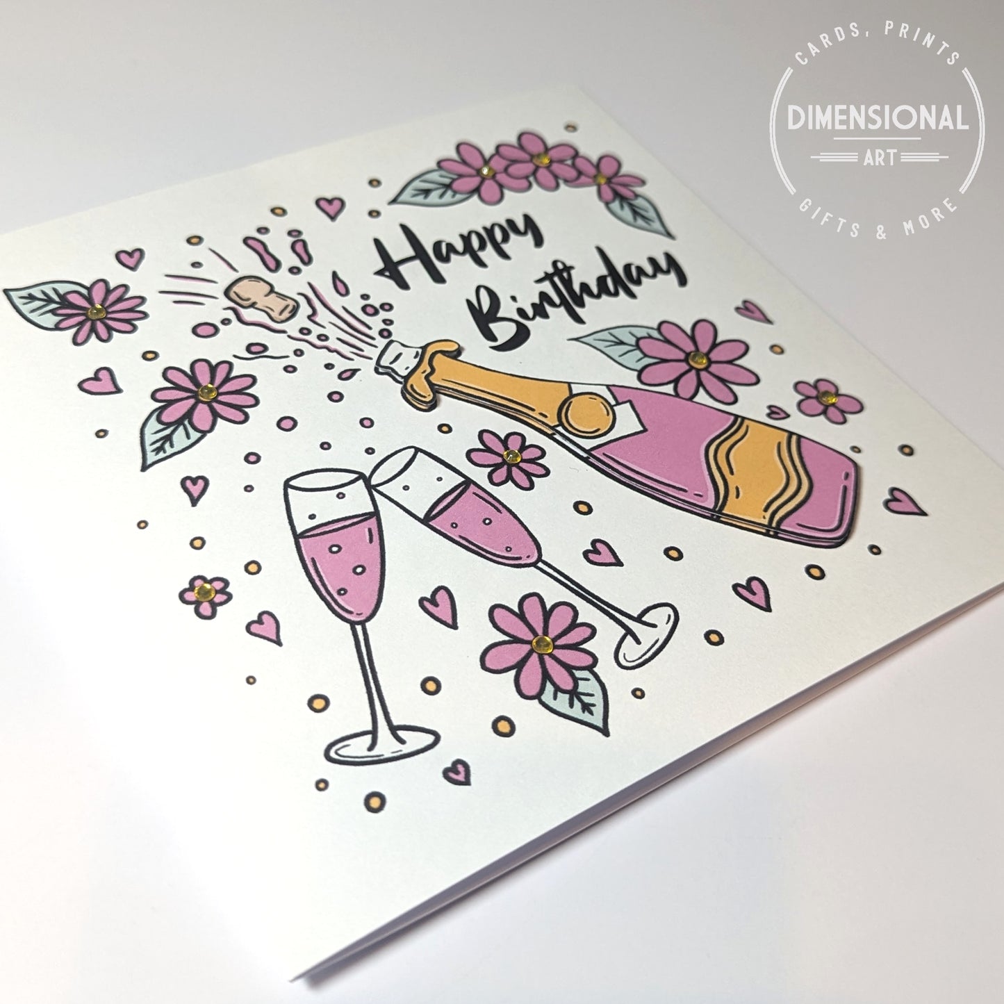 Pink Champagne and Flowers Birthday Card