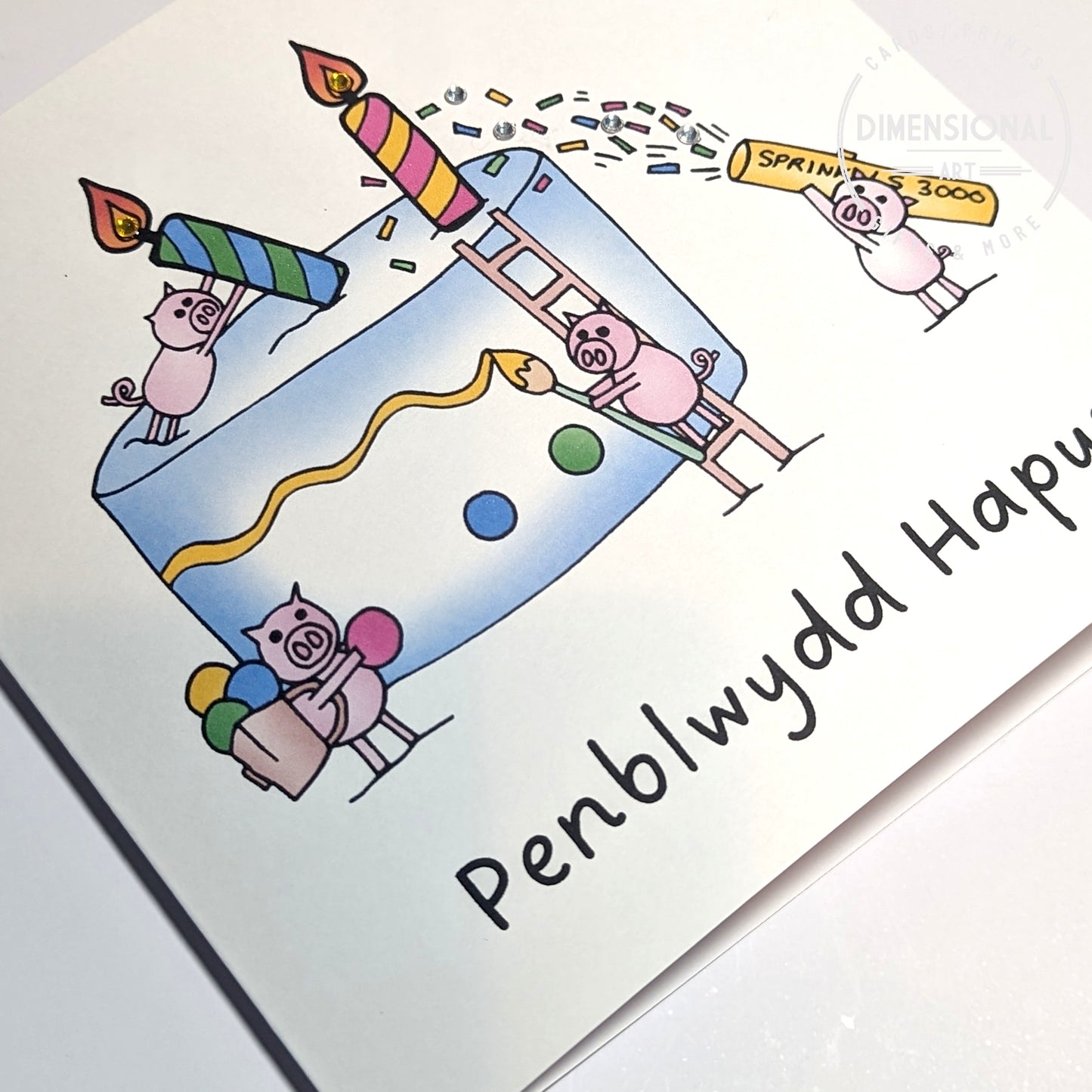 Pigs and Cake Penblwydd Hapus (Birthday) Card - Welsh