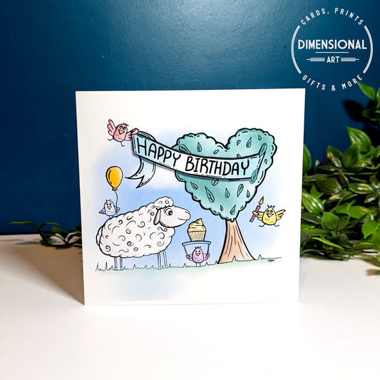 Birds and Sheep Birthday Card