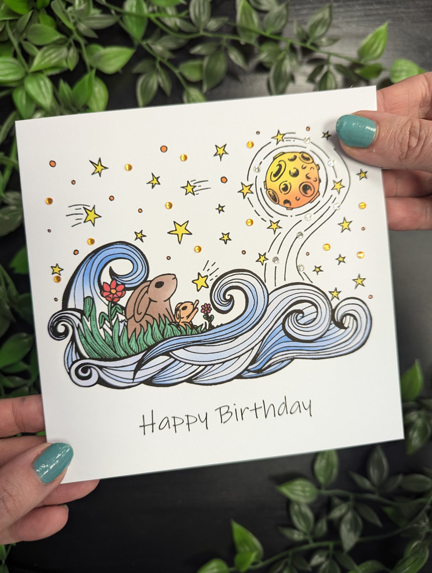 Rabbits and moon Birthday Card