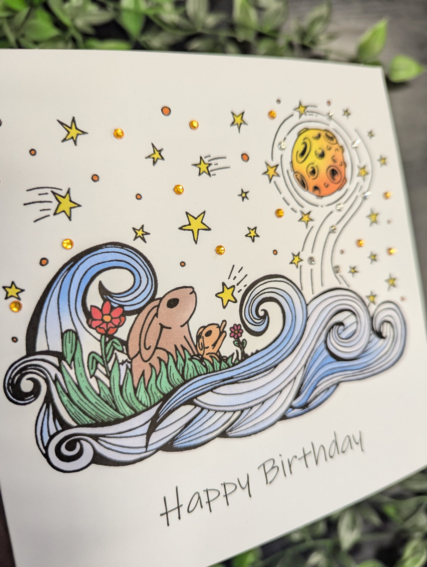 Rabbits and moon Birthday Card
