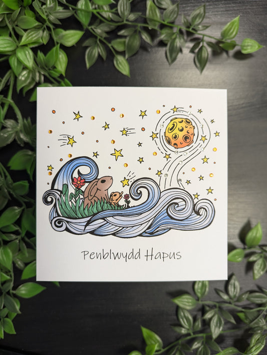 Rabbits and moon Penblwydd Hapus (Birthday Card) - Welsh Card