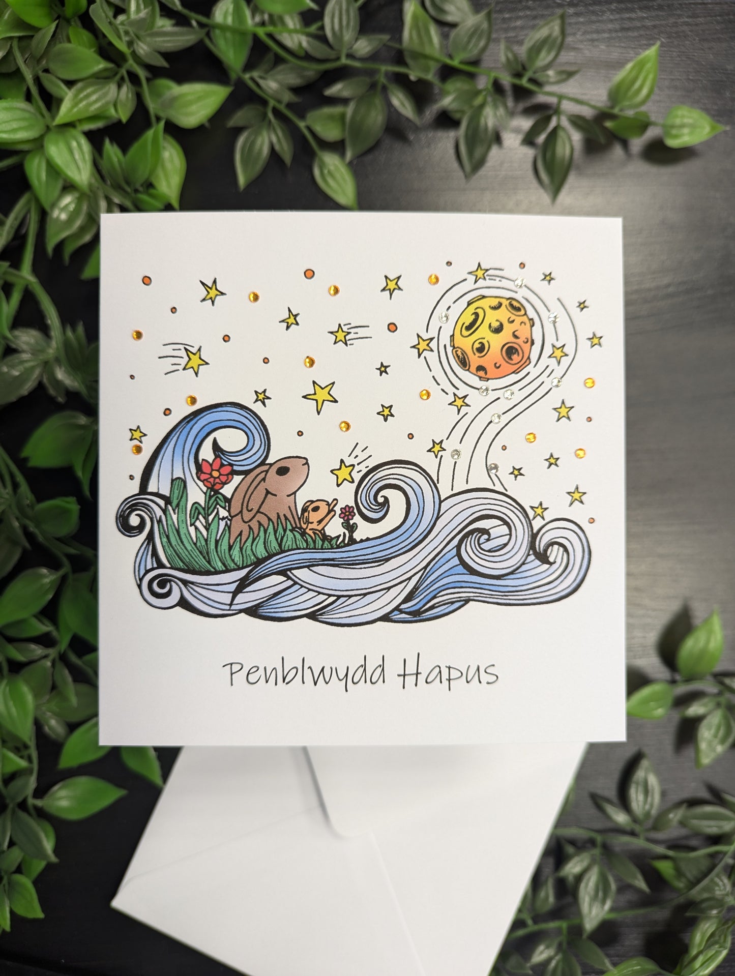 Rabbits and moon Penblwydd Hapus (Birthday Card) - Welsh Card