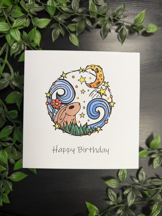 Circle Rabbit Moon Birthday Card