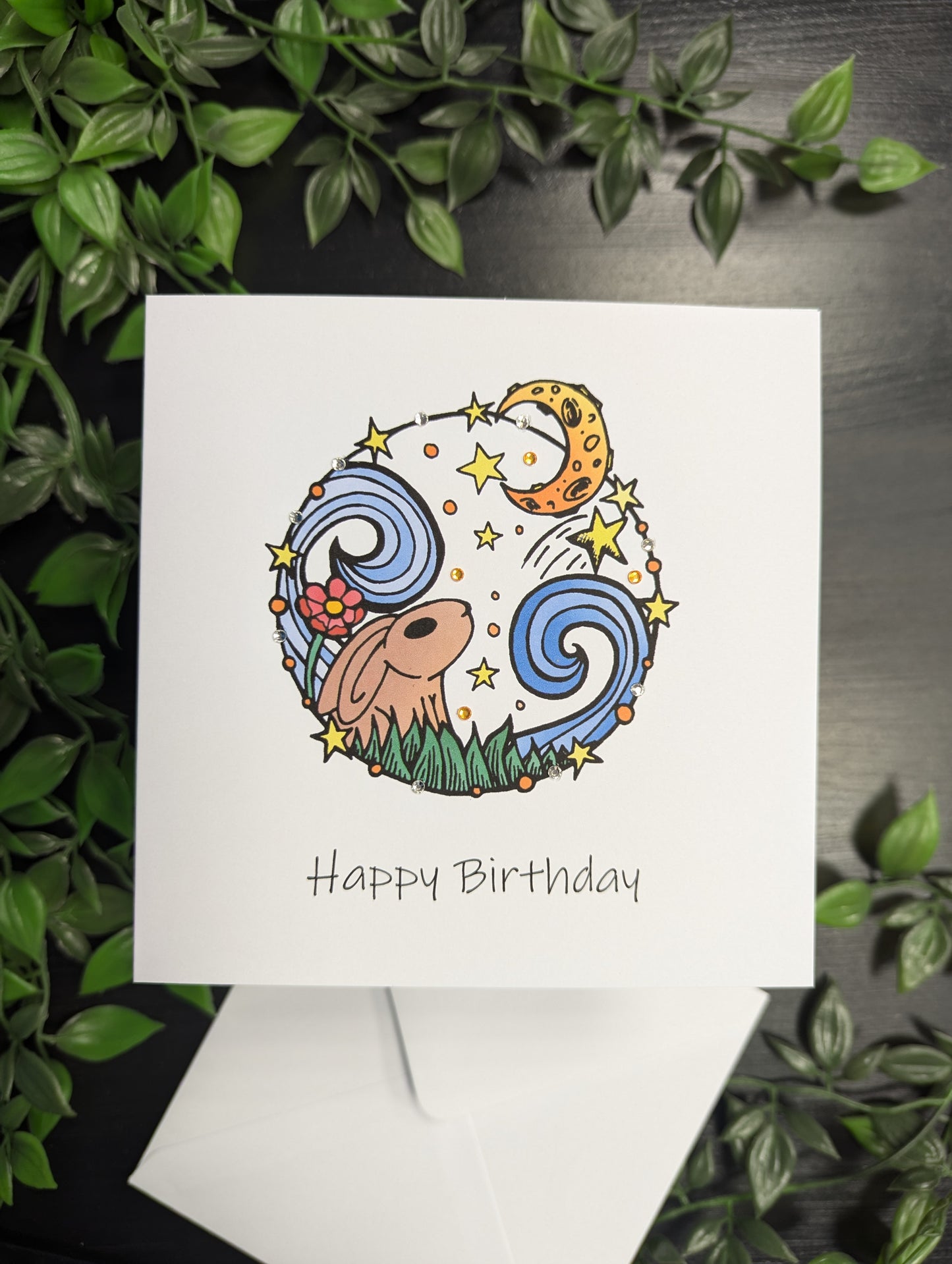Circle Rabbit Moon Birthday Card