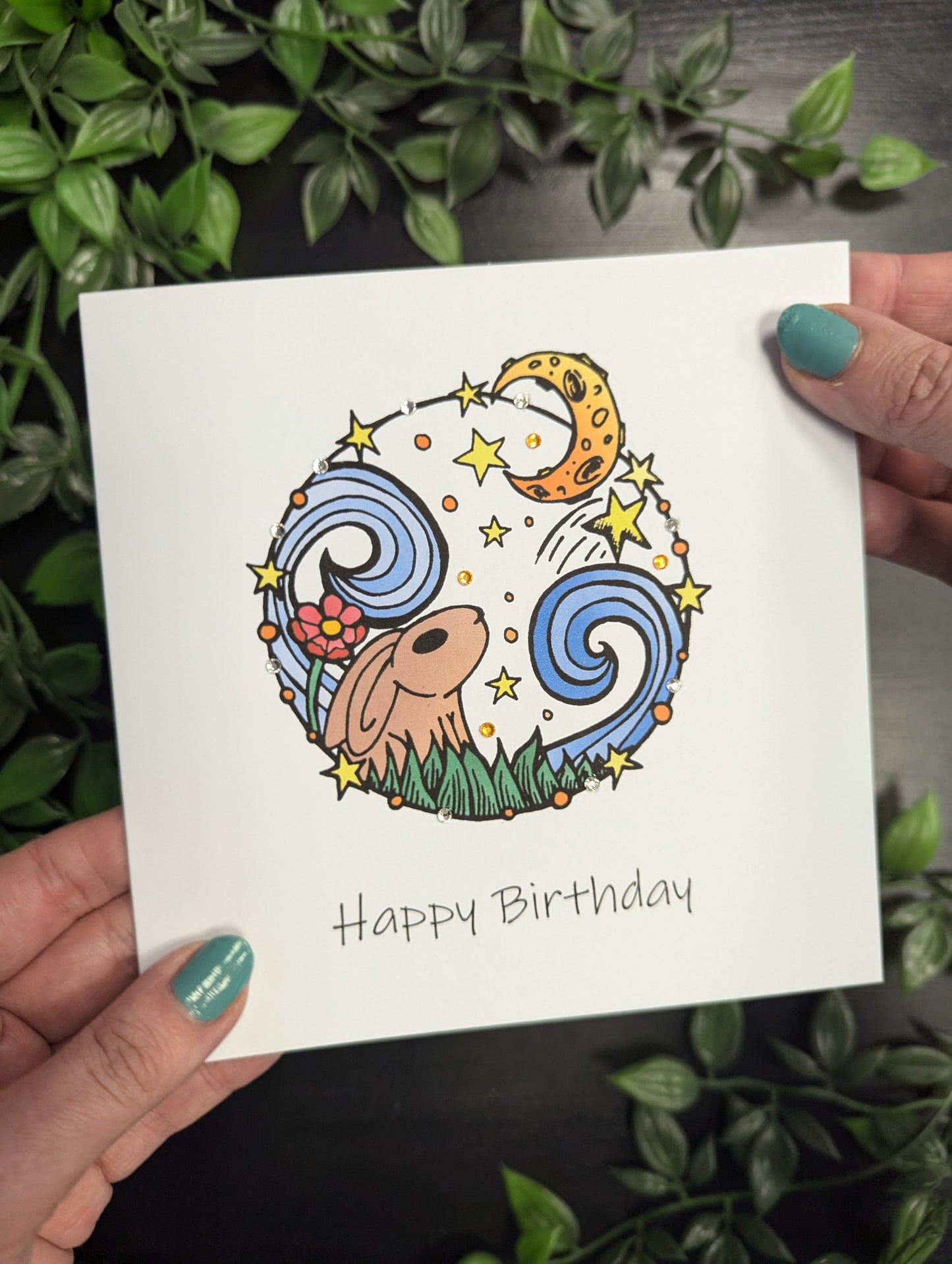 Circle Rabbit Moon Birthday Card