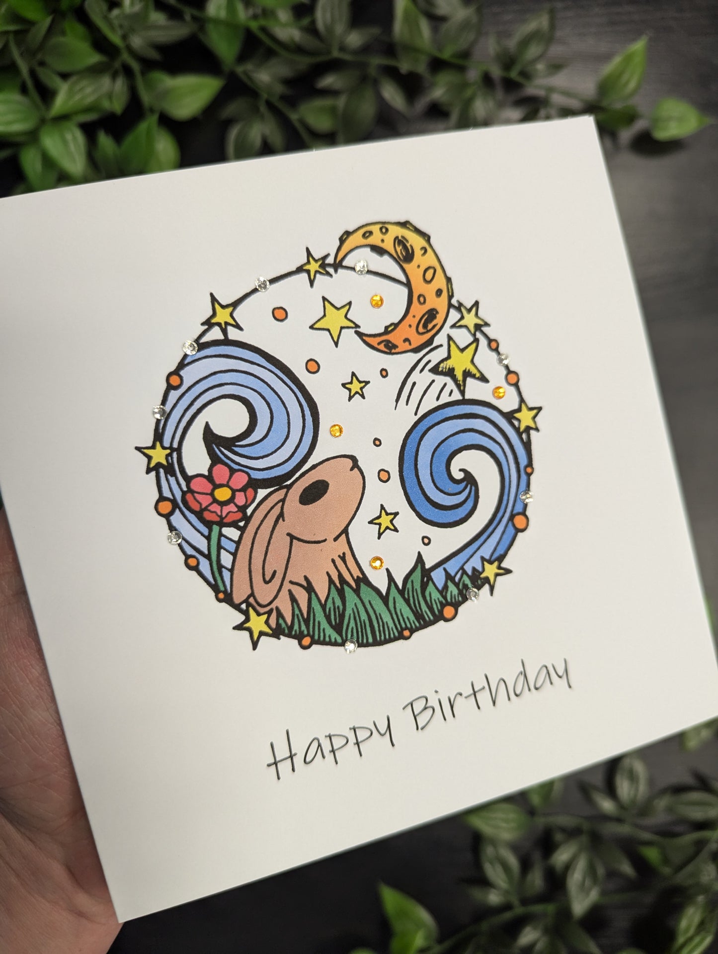 Circle Rabbit Moon Birthday Card
