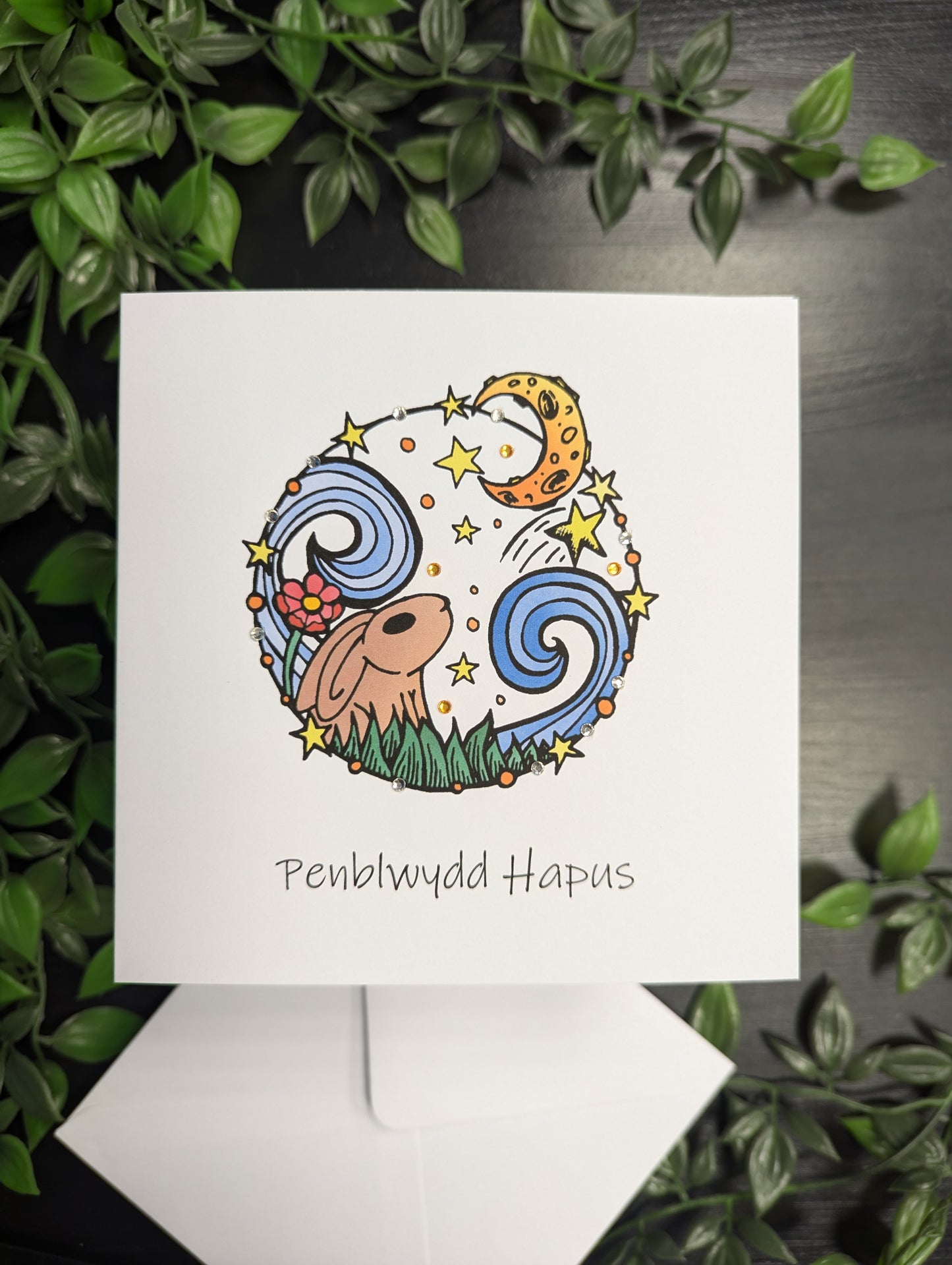 Circle Rabbit Moon Penblwydd Hapus Card - Welsh