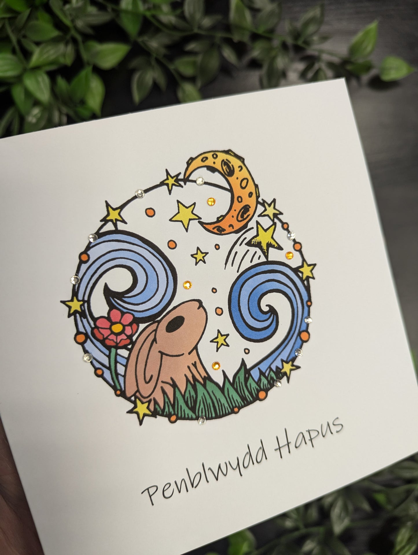 Circle Rabbit Moon Penblwydd Hapus Card - Welsh