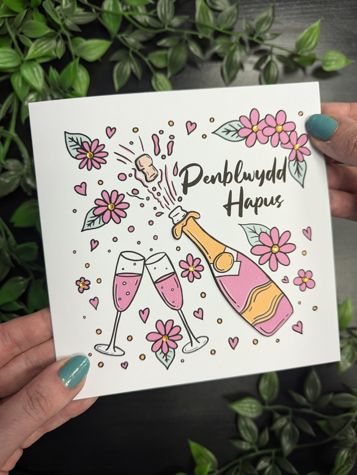 Pink Champagne and Flowers  Penblwydd Hapus (Birthday Card) - Welsh Card
