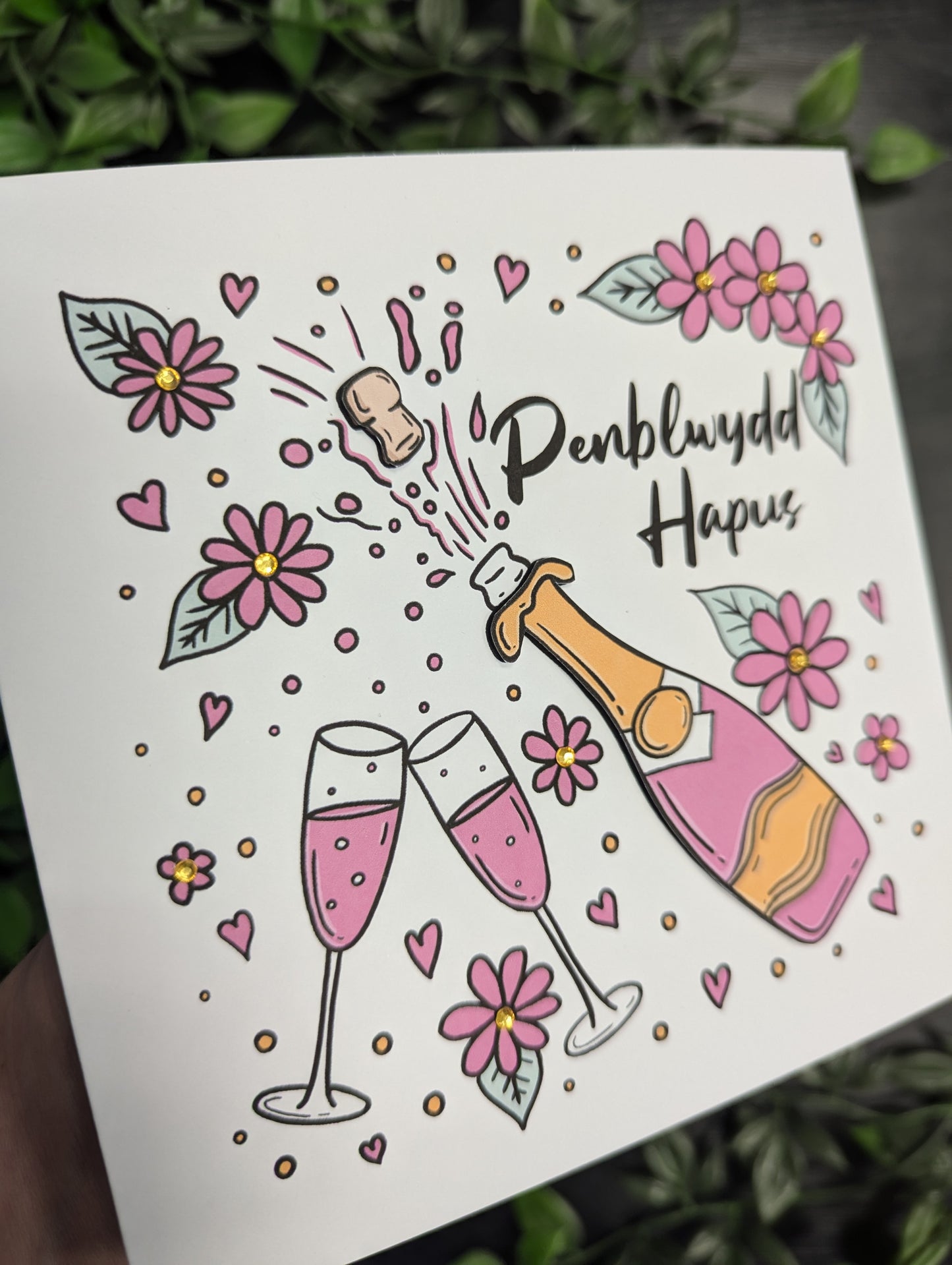 Pink Champagne and Flowers  Penblwydd Hapus (Birthday Card) - Welsh Card