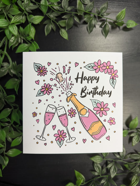 Pink Champagne and Flowers Birthday Card
