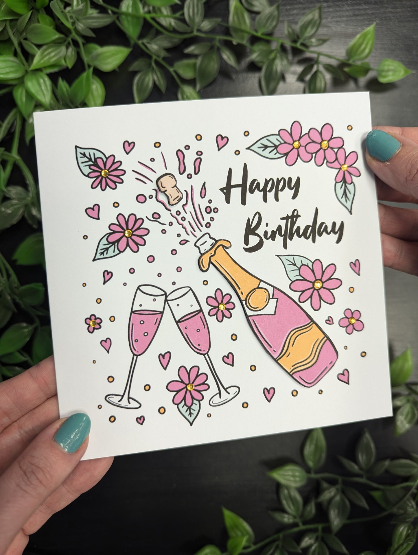 Pink Champagne and Flowers Birthday Card