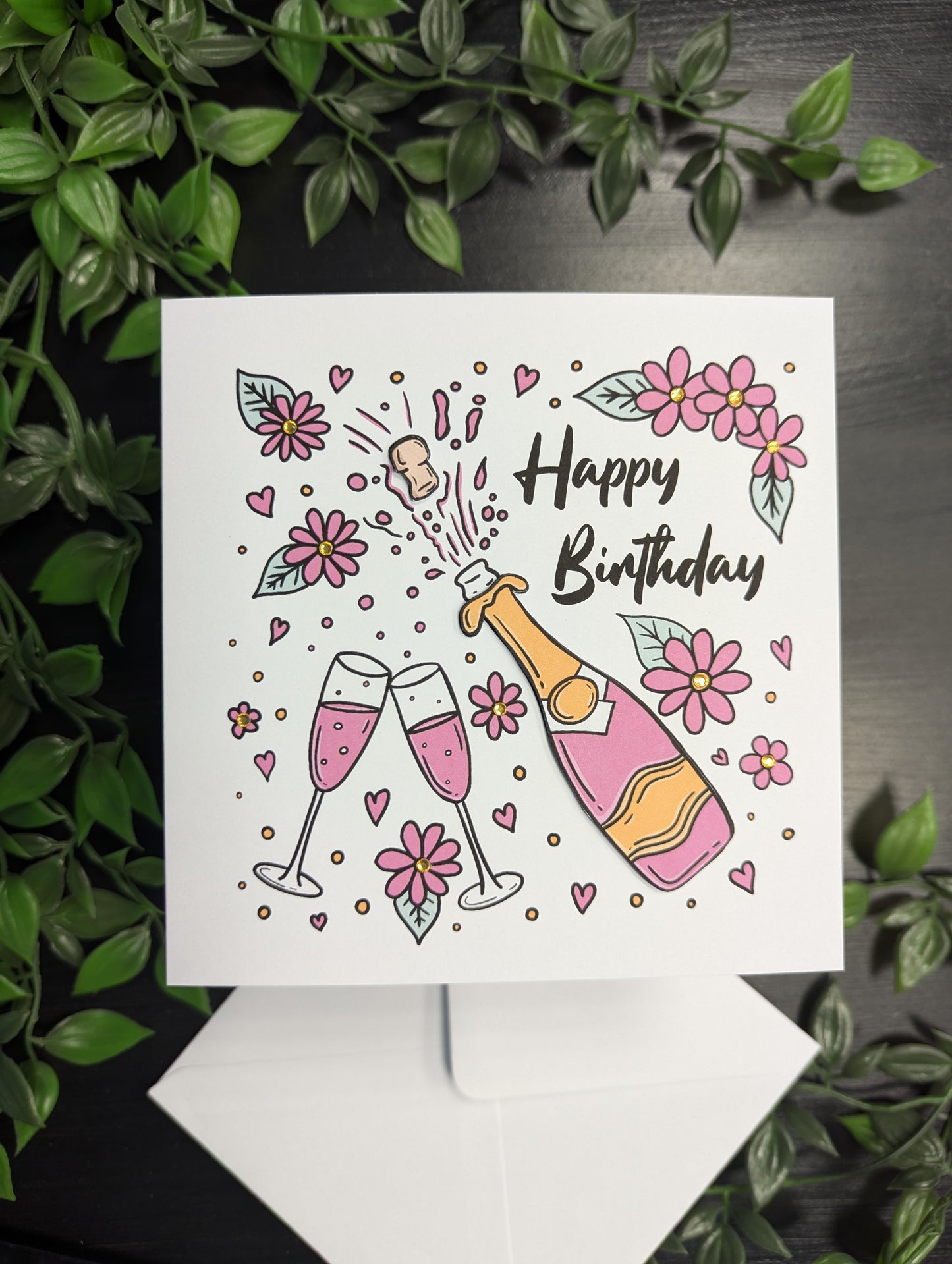 Pink Champagne and Flowers Birthday Card