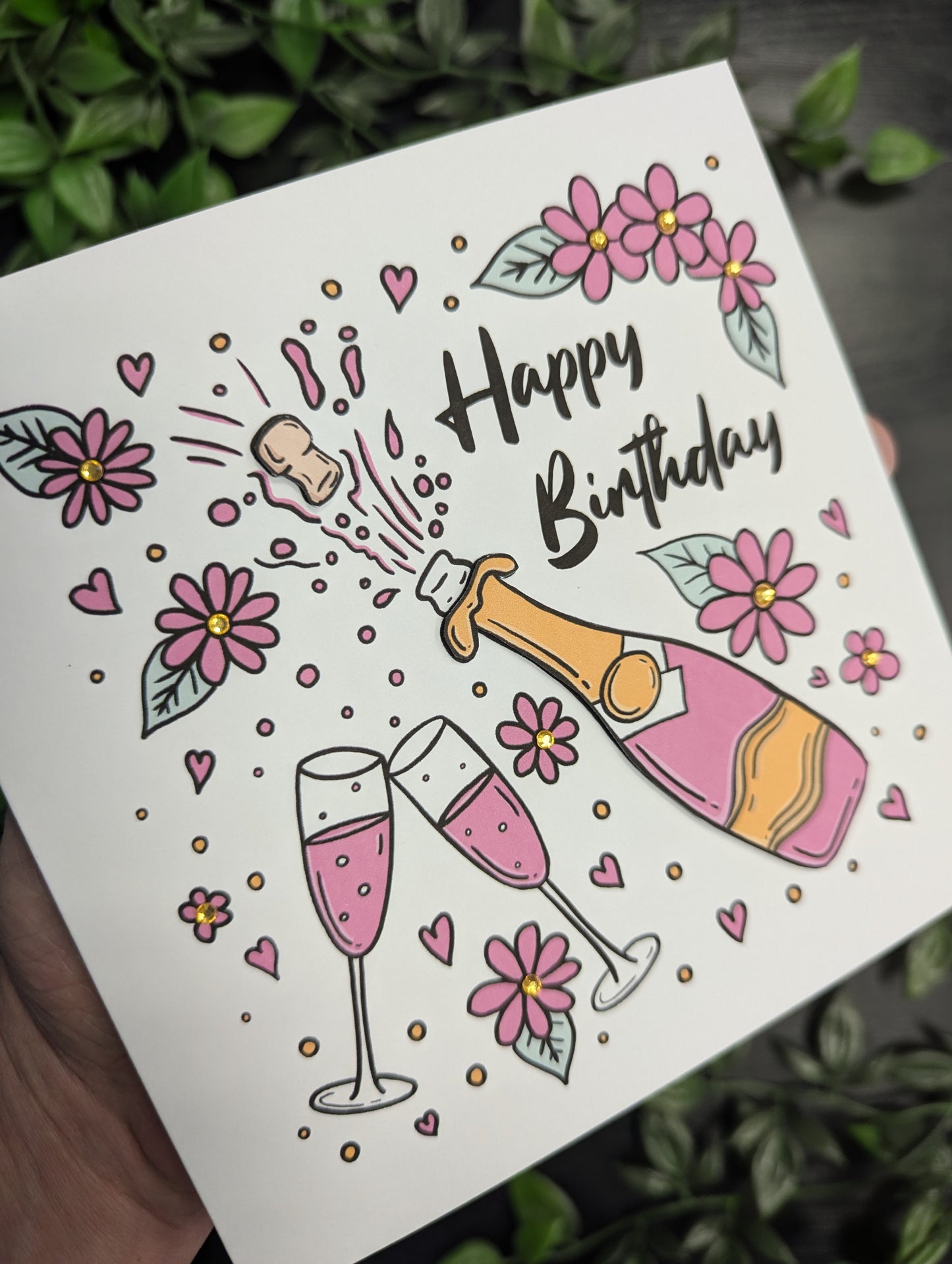 Pink Champagne and Flowers Birthday Card