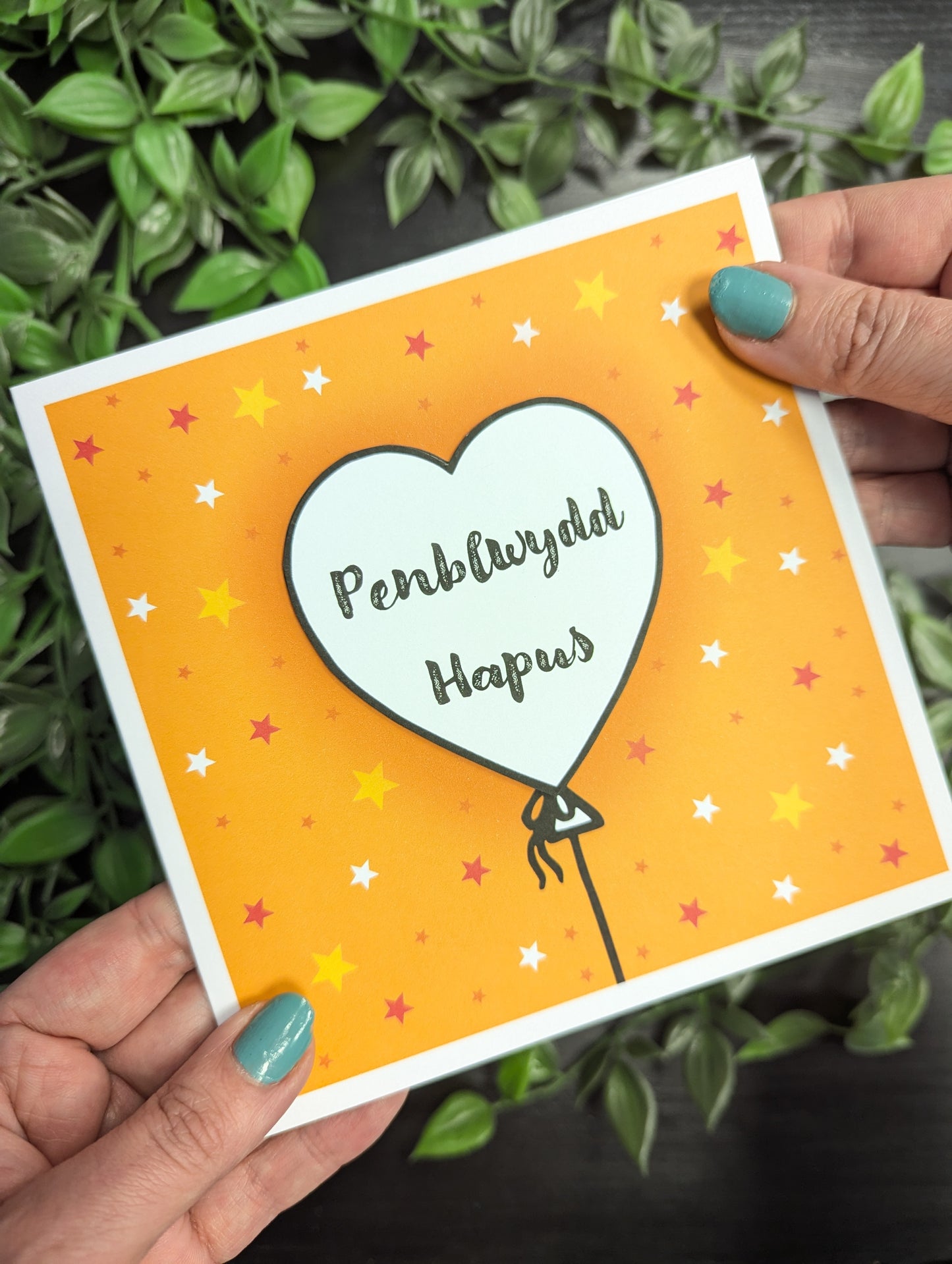 Orange Heart Balloons Penblwydd Hapus (Birthday) Card - Welsh
