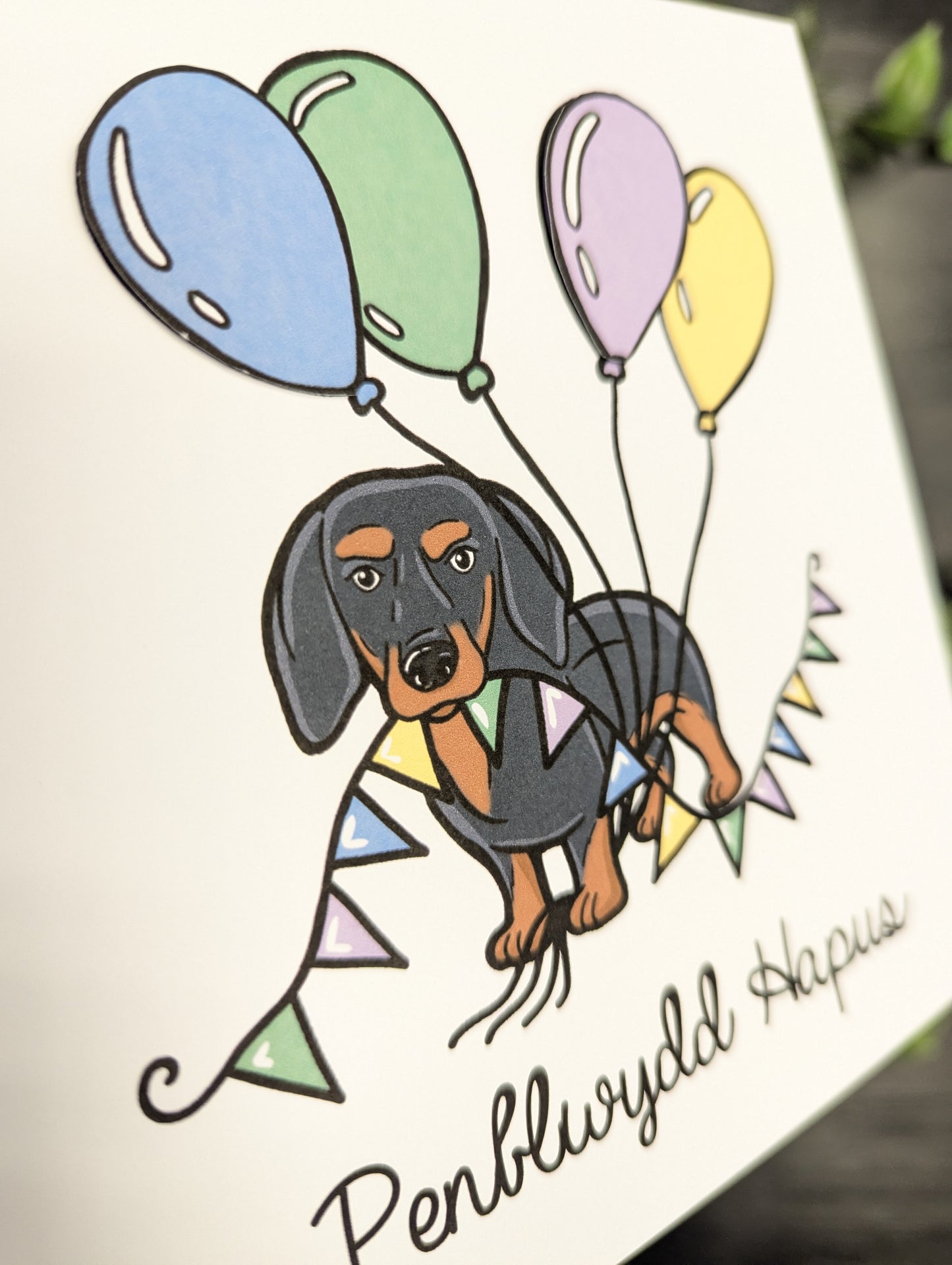 Dachshund - sausage dog - Penblwydd Hapus (Birthday Card) Welsh Card