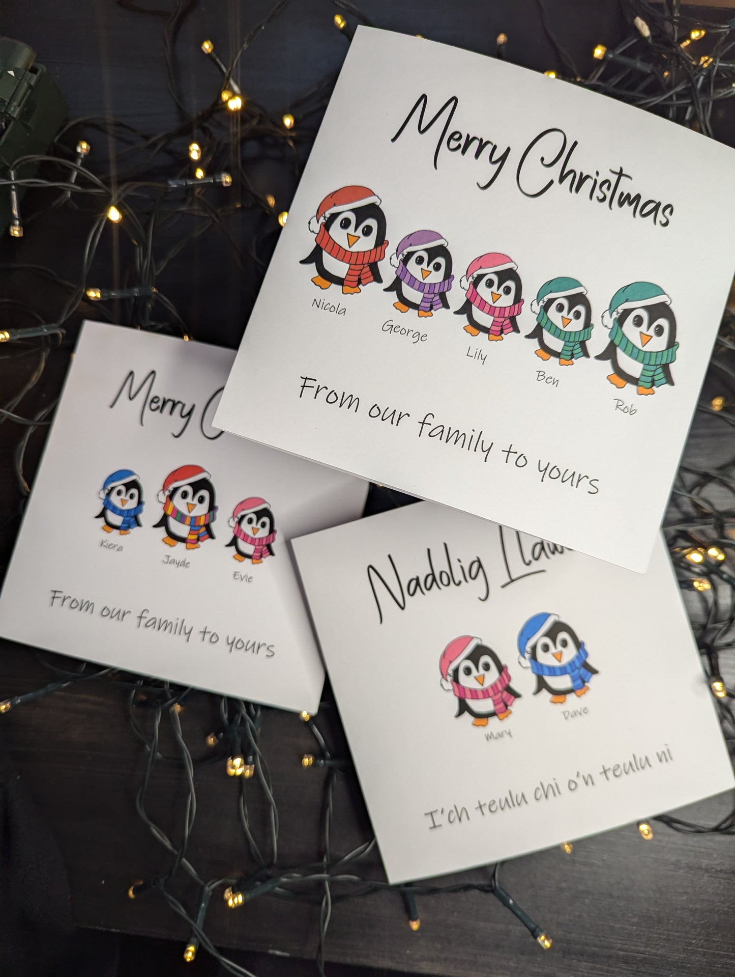 PERSONALISED Penguin Family Christmas Card -  Available in Welsh or English