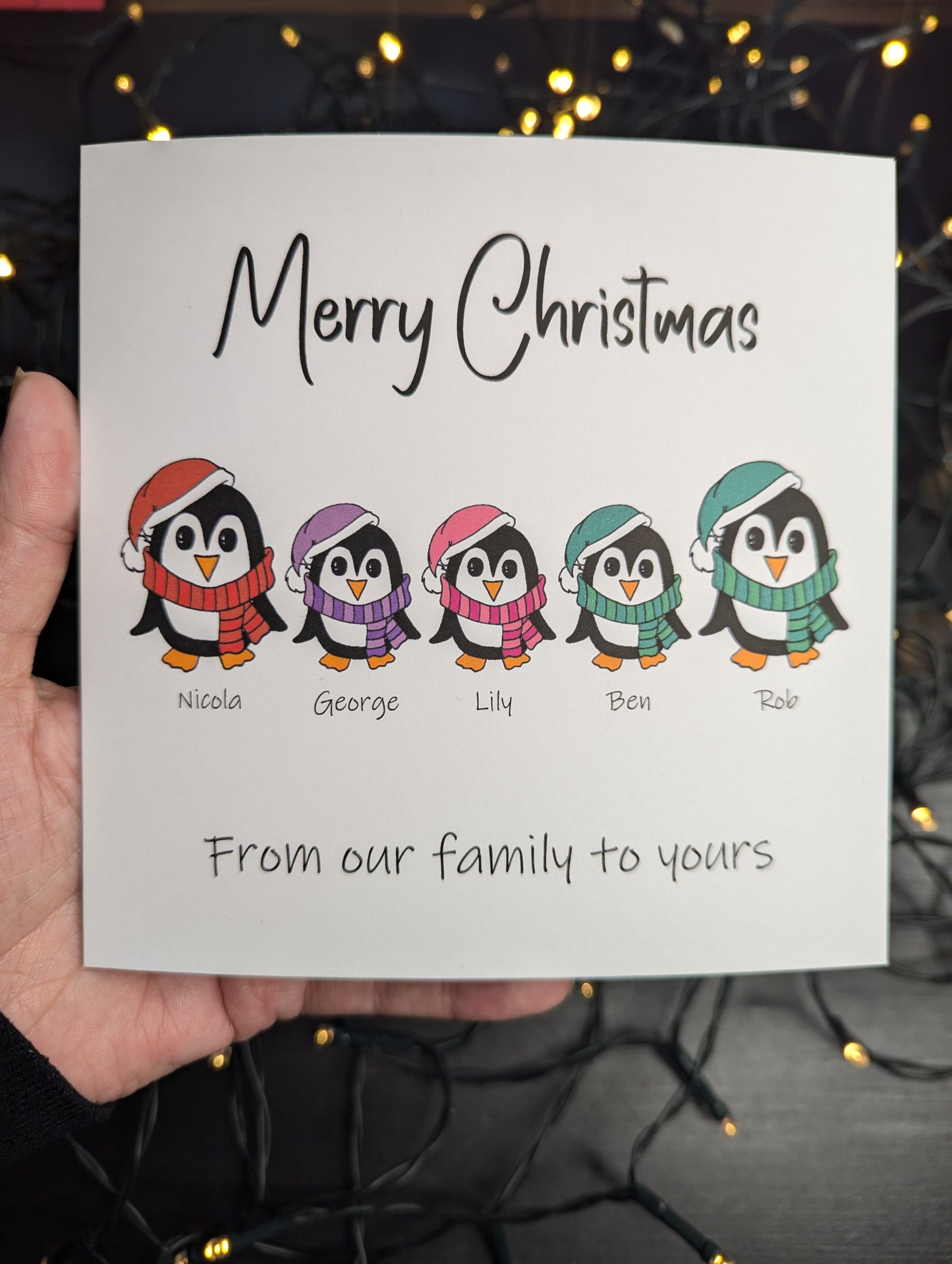 PERSONALISED Penguin Family Christmas Card -  Available in Welsh or English
