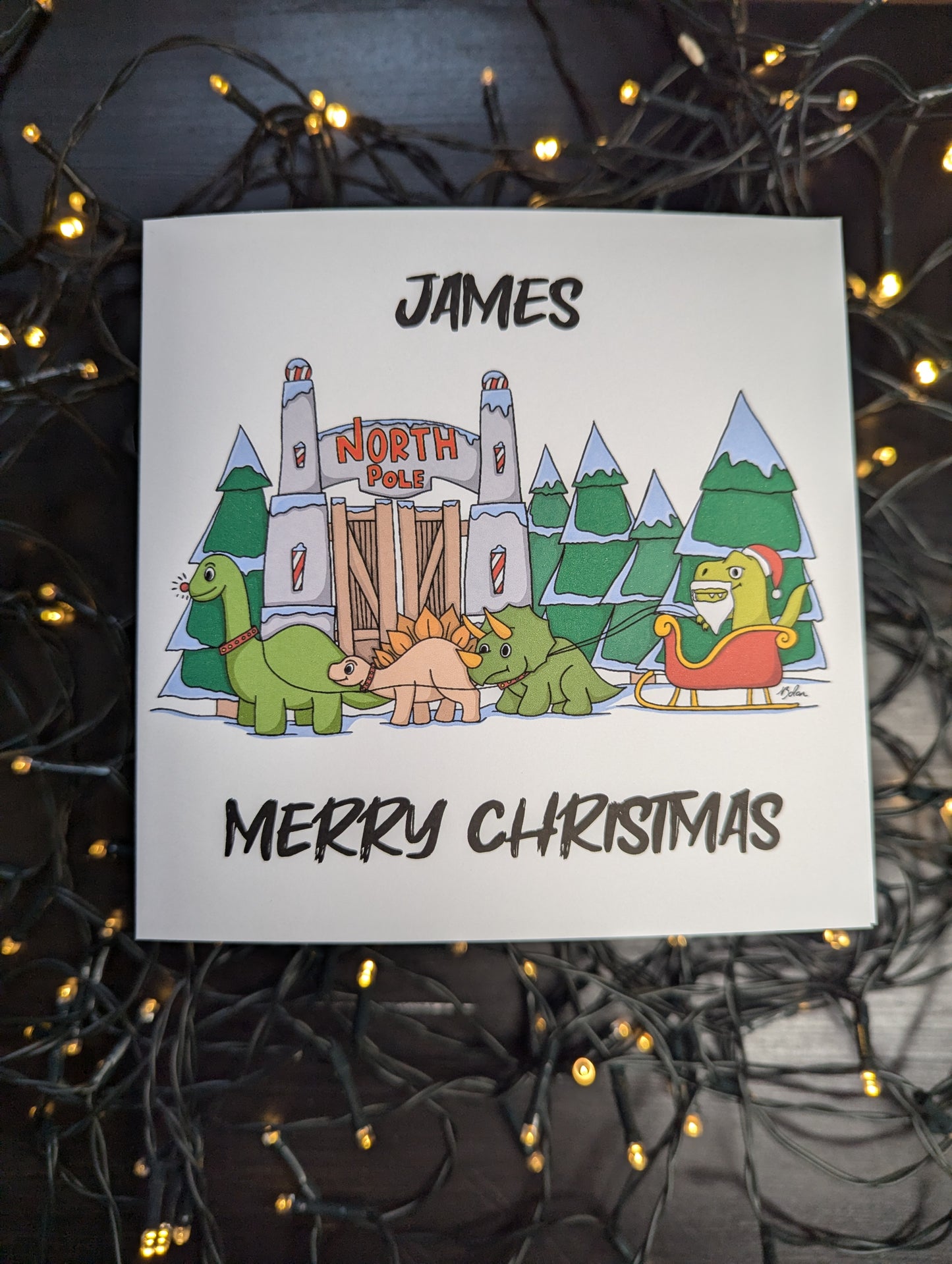 Personalised - Dinosaur Christmas - Nadolig Llawen - Merry Christmas Card (Welsh or English)